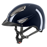 Navy blue shiny riding helmet with white accents on a white background